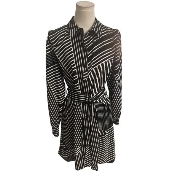 KARL LAGERFELD PARIS Striped Belted Shirtdress Black White Dress Work Party Sz 6 - Picture 1 of 9